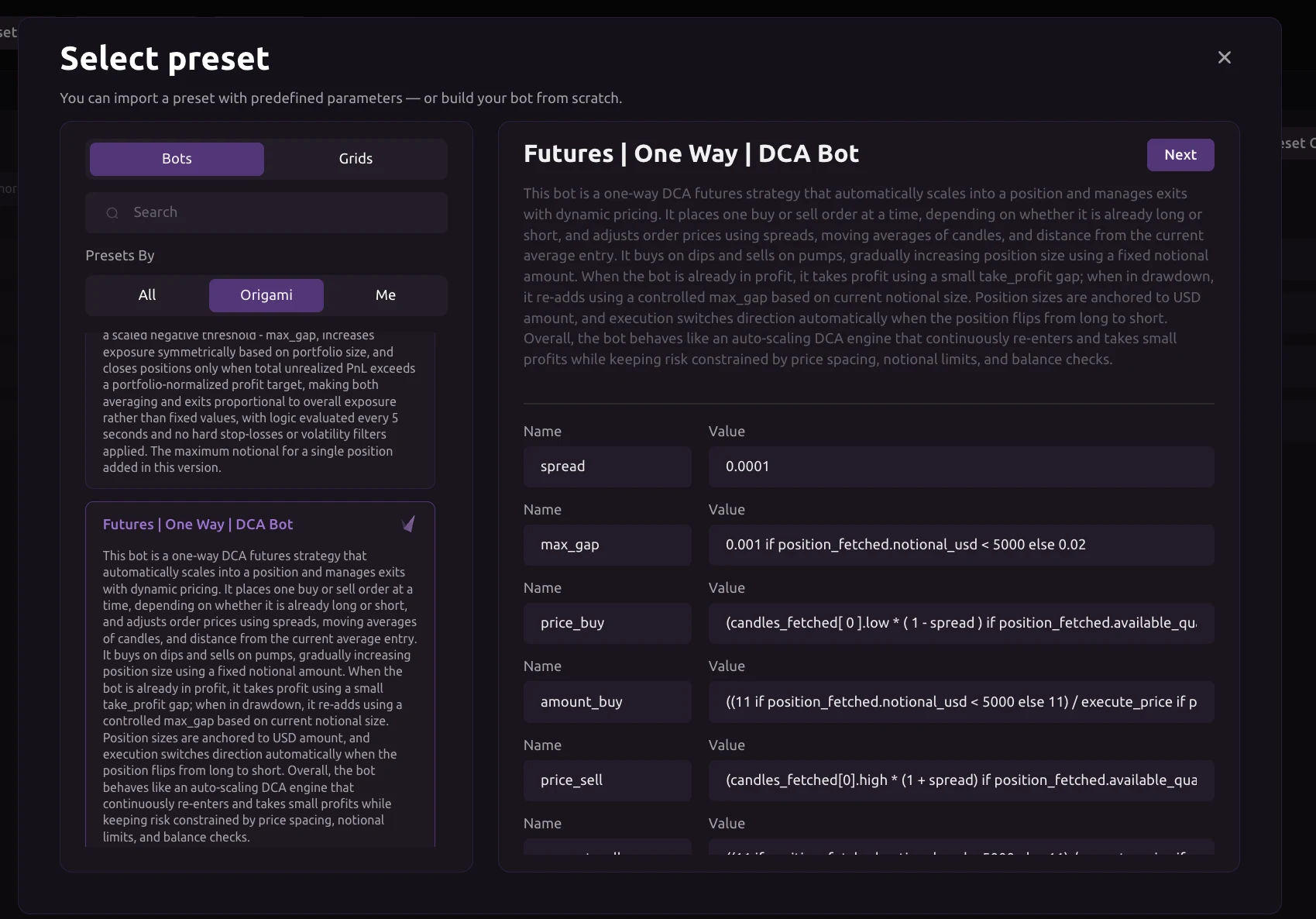 Futures One Way DCA Bot preset in Origami Tech