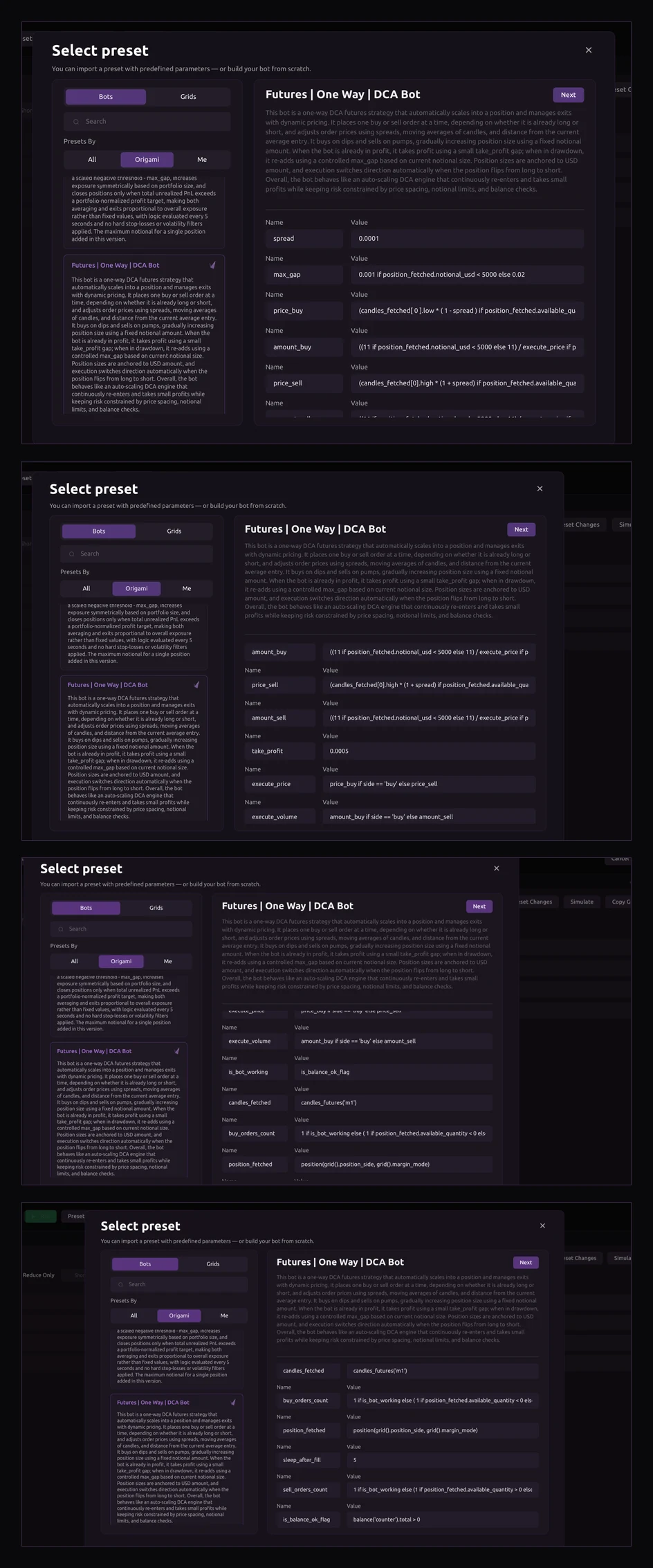 Complete interface views of the Futures One Way DCA Bot preset
