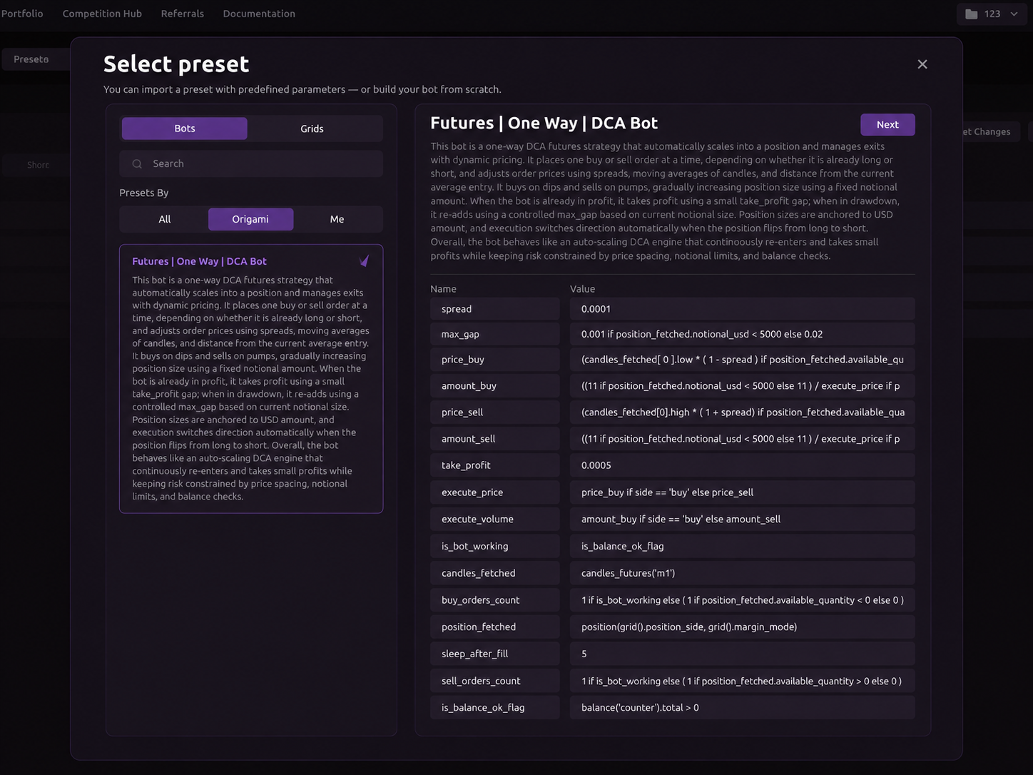 Futures One Way DCA Bot preset in Origami Tech