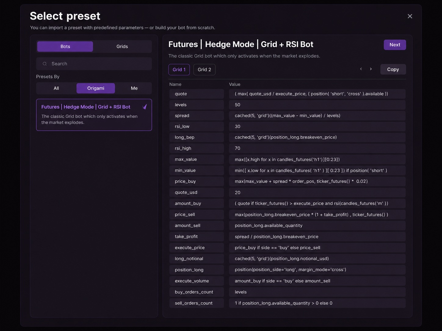 Futures One Way DCA Bot preset in Origami Tech