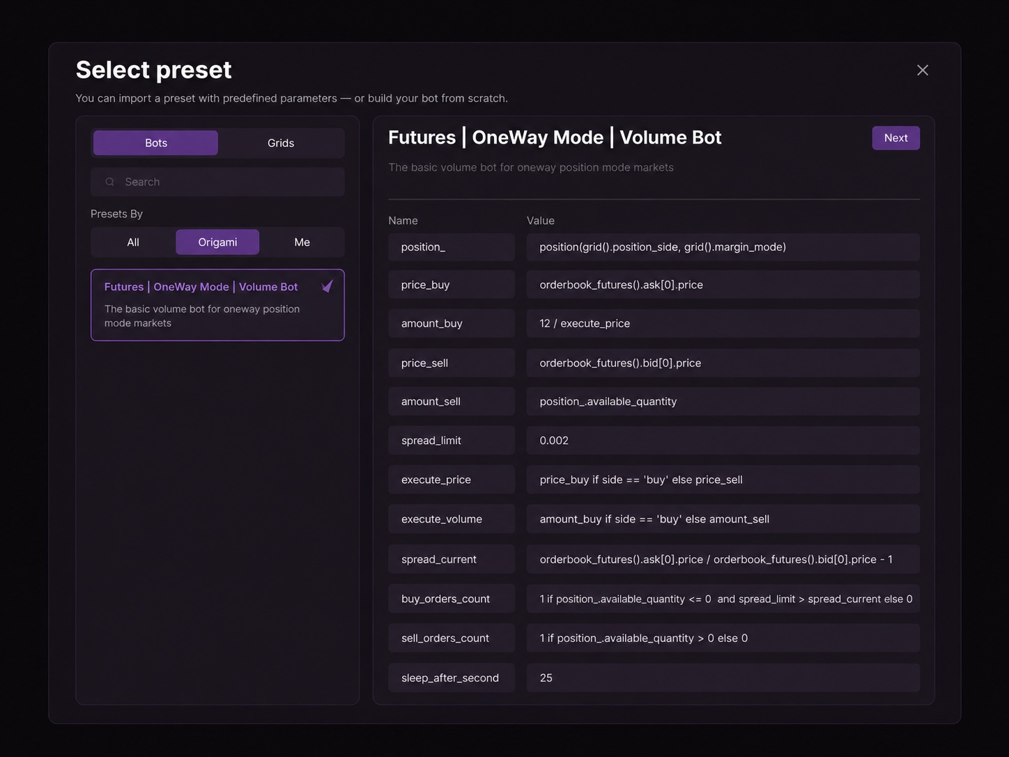 Futures One Way DCA Bot preset in Origami Tech