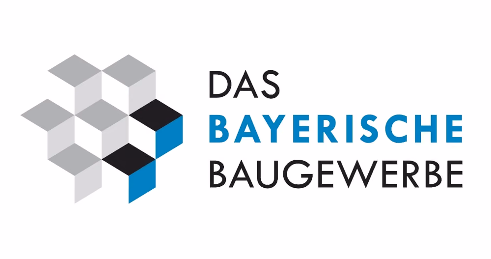 Das Bayerische Baugewerbe Logo mit stilisierten grauen, schwarzen und blauen Würfeln.