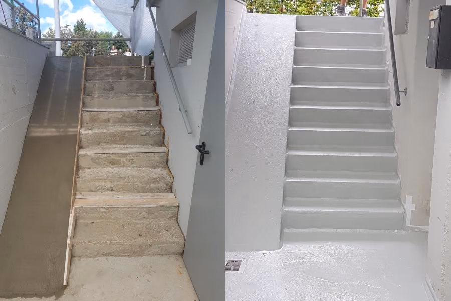 Vorher-nachher-Bild einer Außentreppe: Links eine alte, unebene Betonstiege mit angeschlossener Rampe, rechts die frisch renovierte und glatte Treppe mit grauer Beschichtung und neuer Handlaufbefestigung.