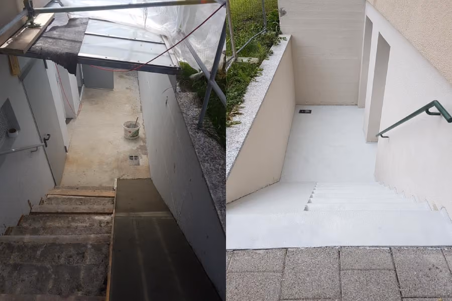 Vergleich zweier Außentreppen: links eine ungepflegte, ältere Beton- und Steintreppe mit Baugerüst und Eimer, rechts eine frisch renovierte, weiße und saubere Treppe mit grünem Handlauf.