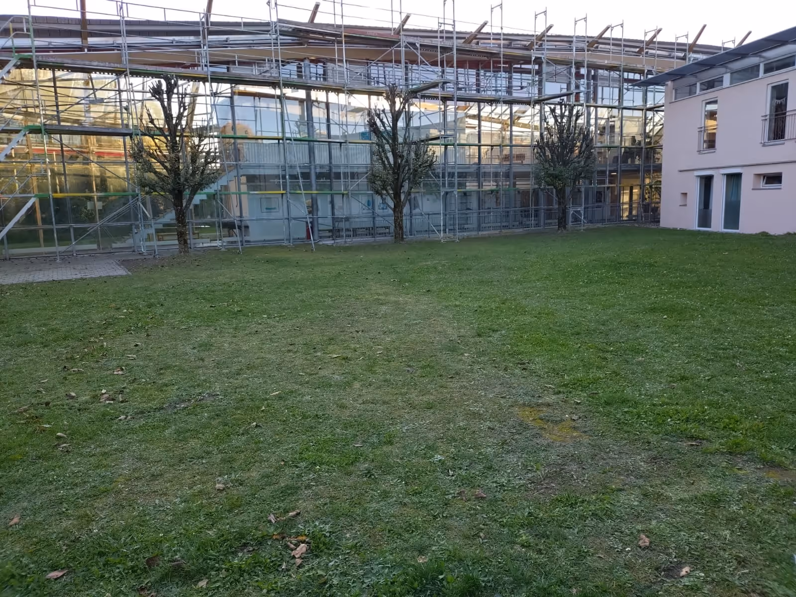 Grünfläche mit drei kahlen Bäumen entlang eines Gebäudes, das mit Gerüst eingerüstet ist, daneben ein weißes Gebäude mit Fenster und Tür.