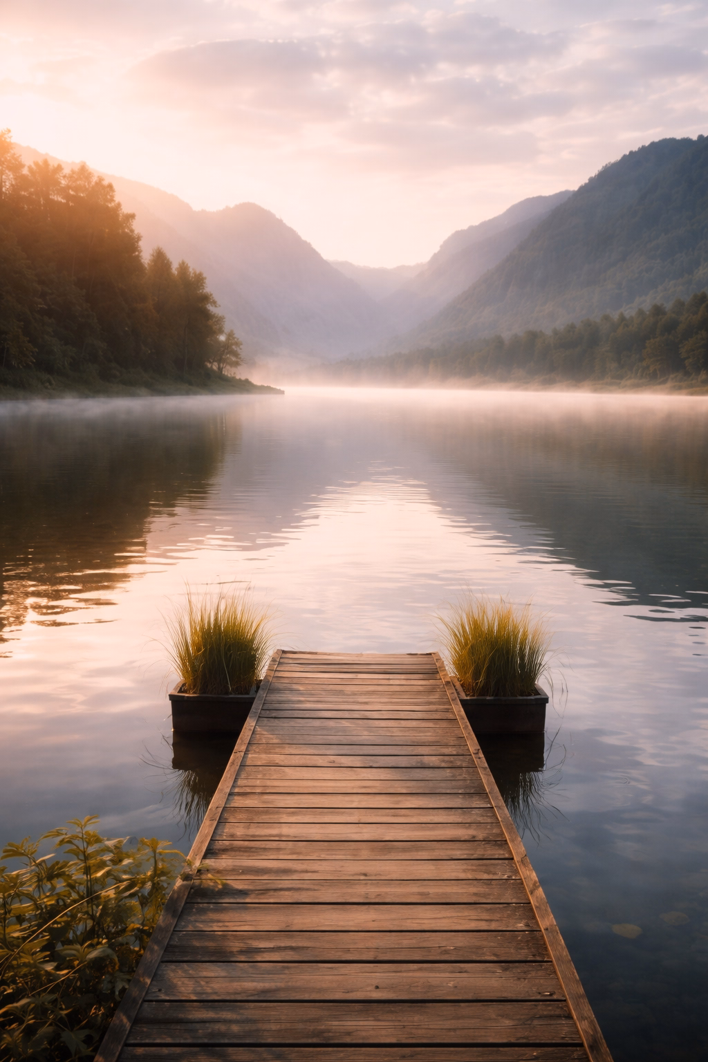 Wooden pier leading to calm mountain lake