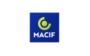 Logo MACIF avec un symbole circulaire vert clair sur fond bleu.