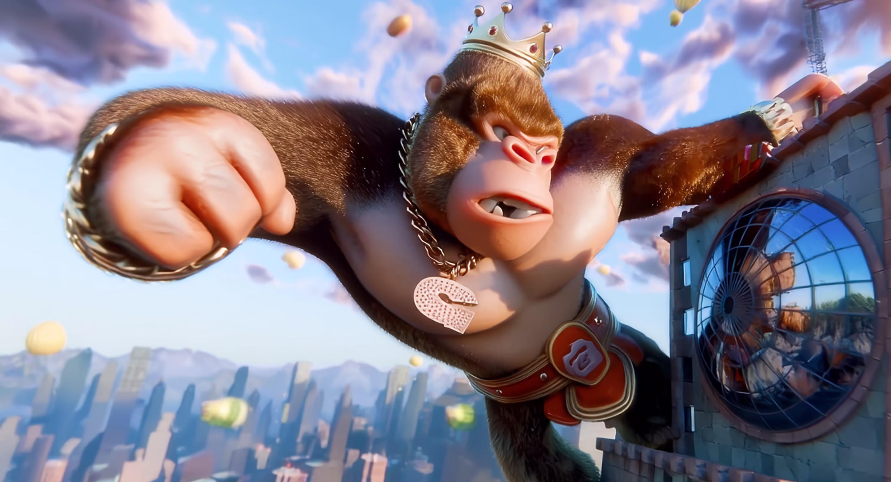 Animated gorilla wearing a crown and chain necklace punches forward while holding onto a building with a large circular window.