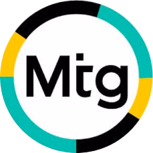 Logo with the letters 'Mtg' inside a circular ring segmented into black, turquoise, and yellow sections.