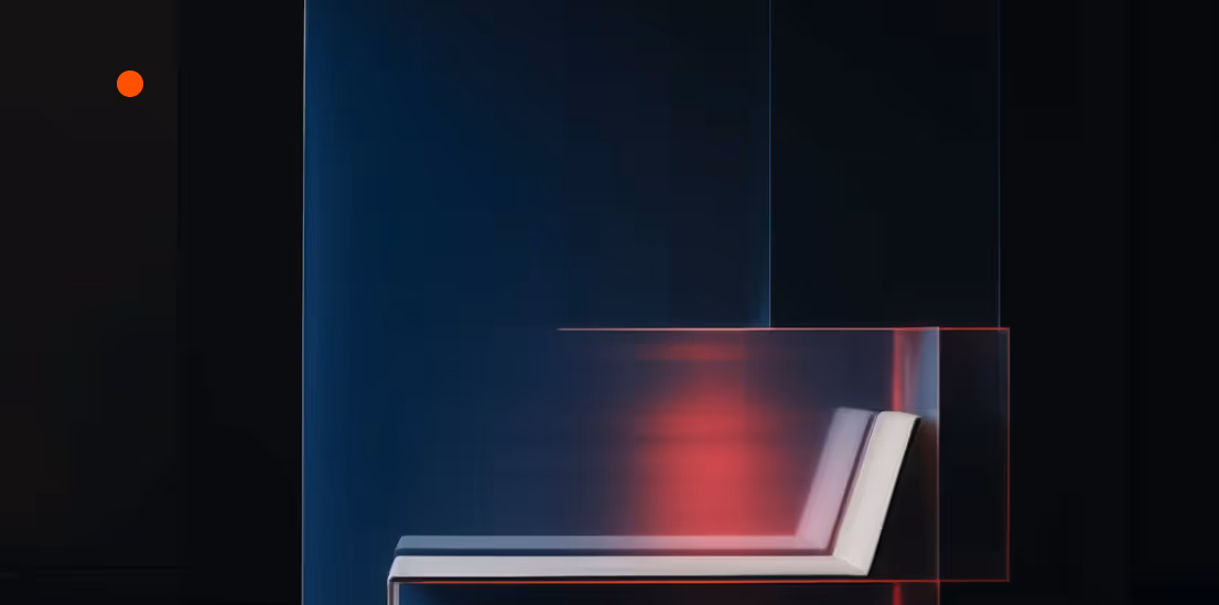 Modern white chaise lounge chair with a glowing red and blue abstract light effect in the background.