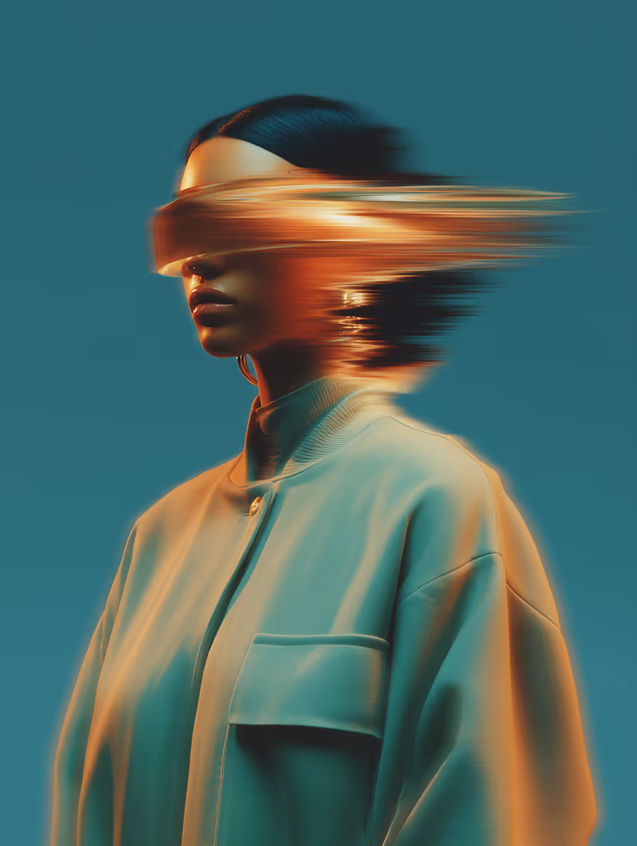 Portrait of a woman wearing a futuristic visor that blurs and stretches horizontally, with teal clothing and a teal background.