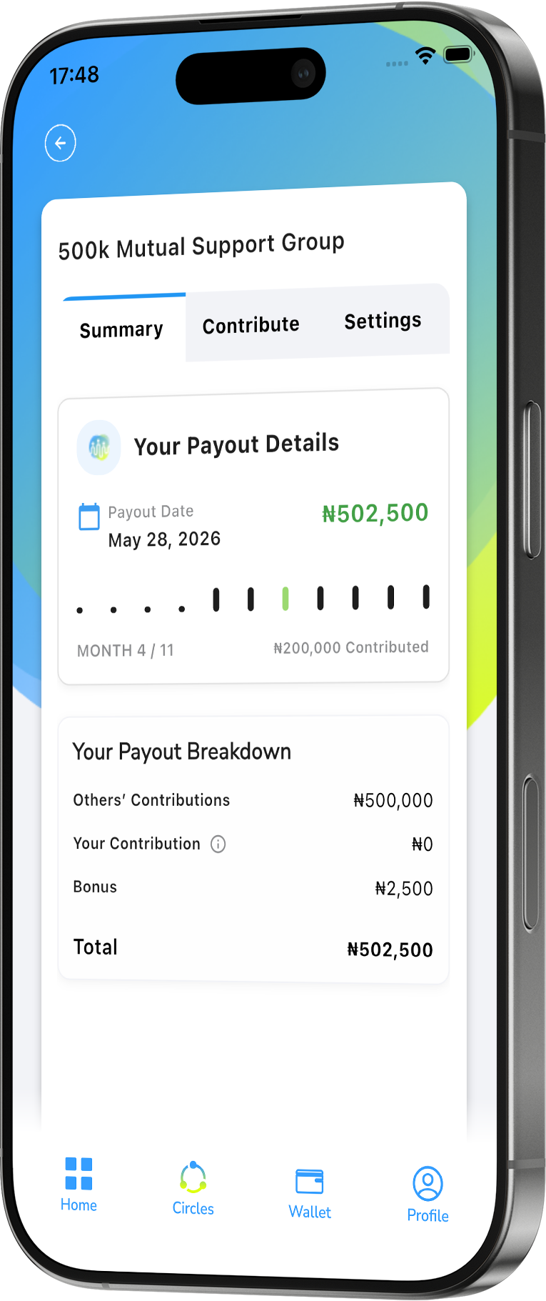 Mobile app screen showing payout details for 500k Mutual Support Group with a payout of ₦502,500 on May 28, 2026, including a breakdown of contributions and a progress timeline at month 4 of 11.