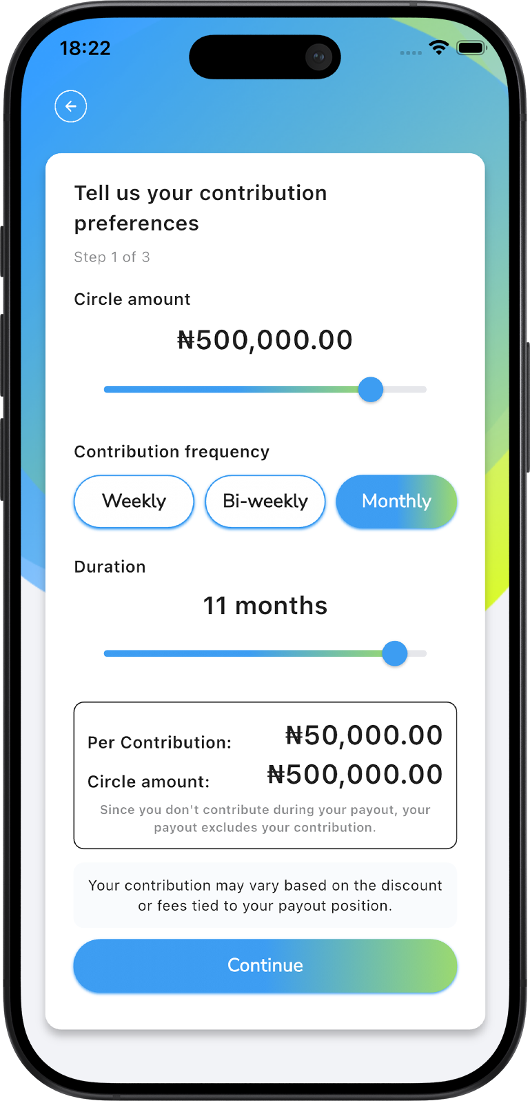 Mobile screen showing contribution preferences form with circle amount set at ₦500,000, monthly frequency selected, duration of 11 months, and per contribution amount of ₦50,000.
