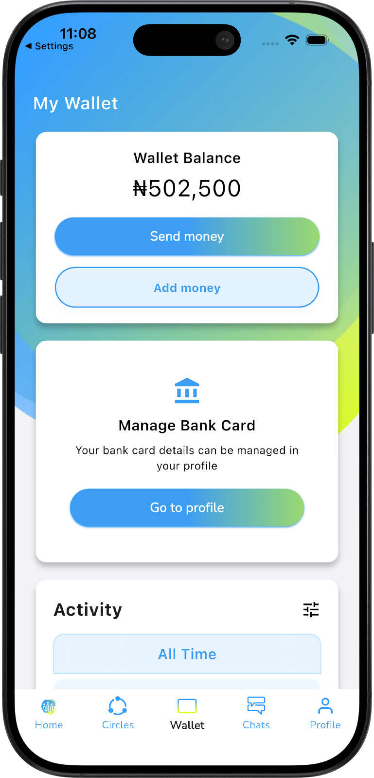 Mobile wallet app screen showing a wallet balance of ₦502,500, with buttons to send or add money, manage bank card section, and navigation bar at the bottom.