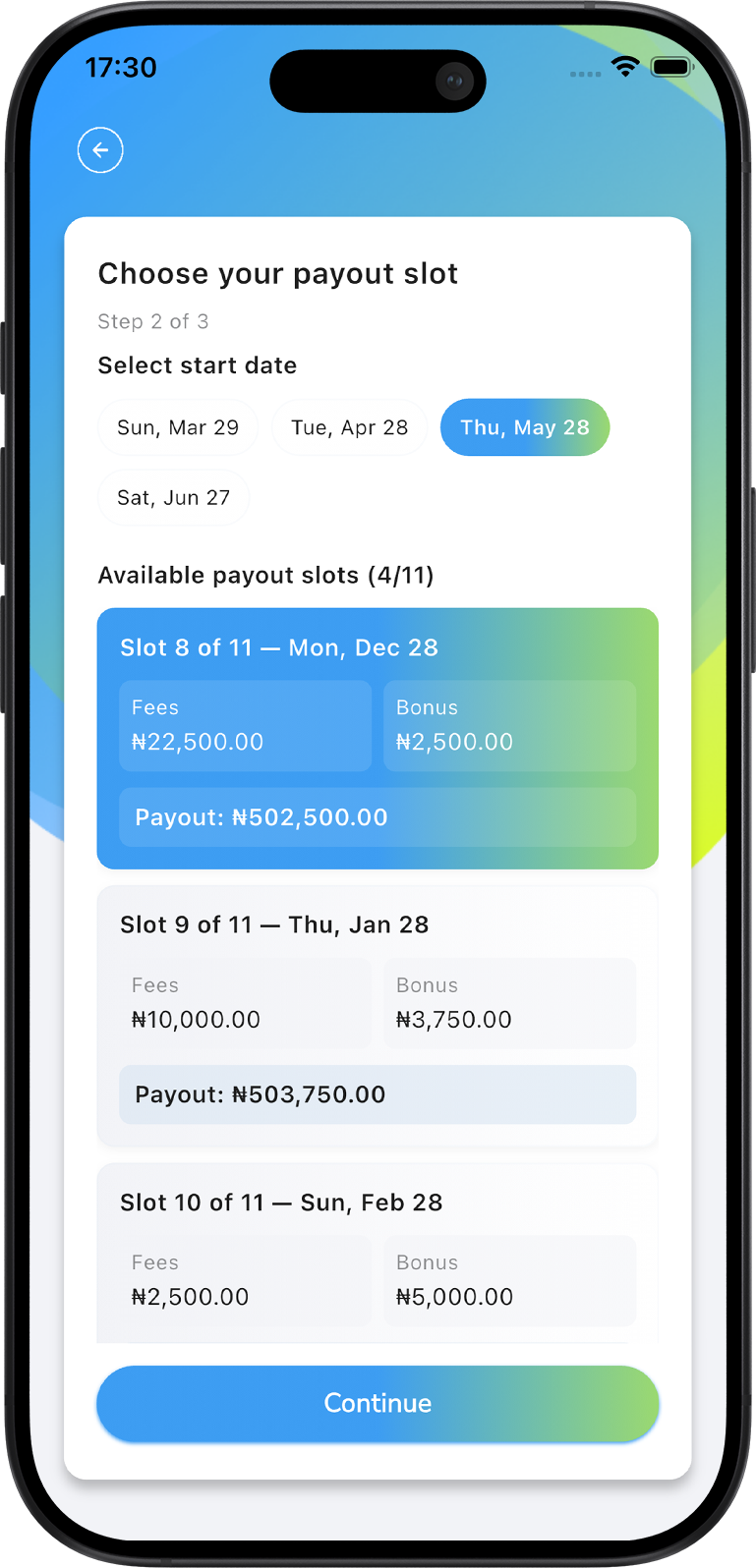 Mobile screen showing a payout slot selection interface with start date options and available slots listing fees, bonus, and payout amounts in Nigerian Naira, and a Continue button.