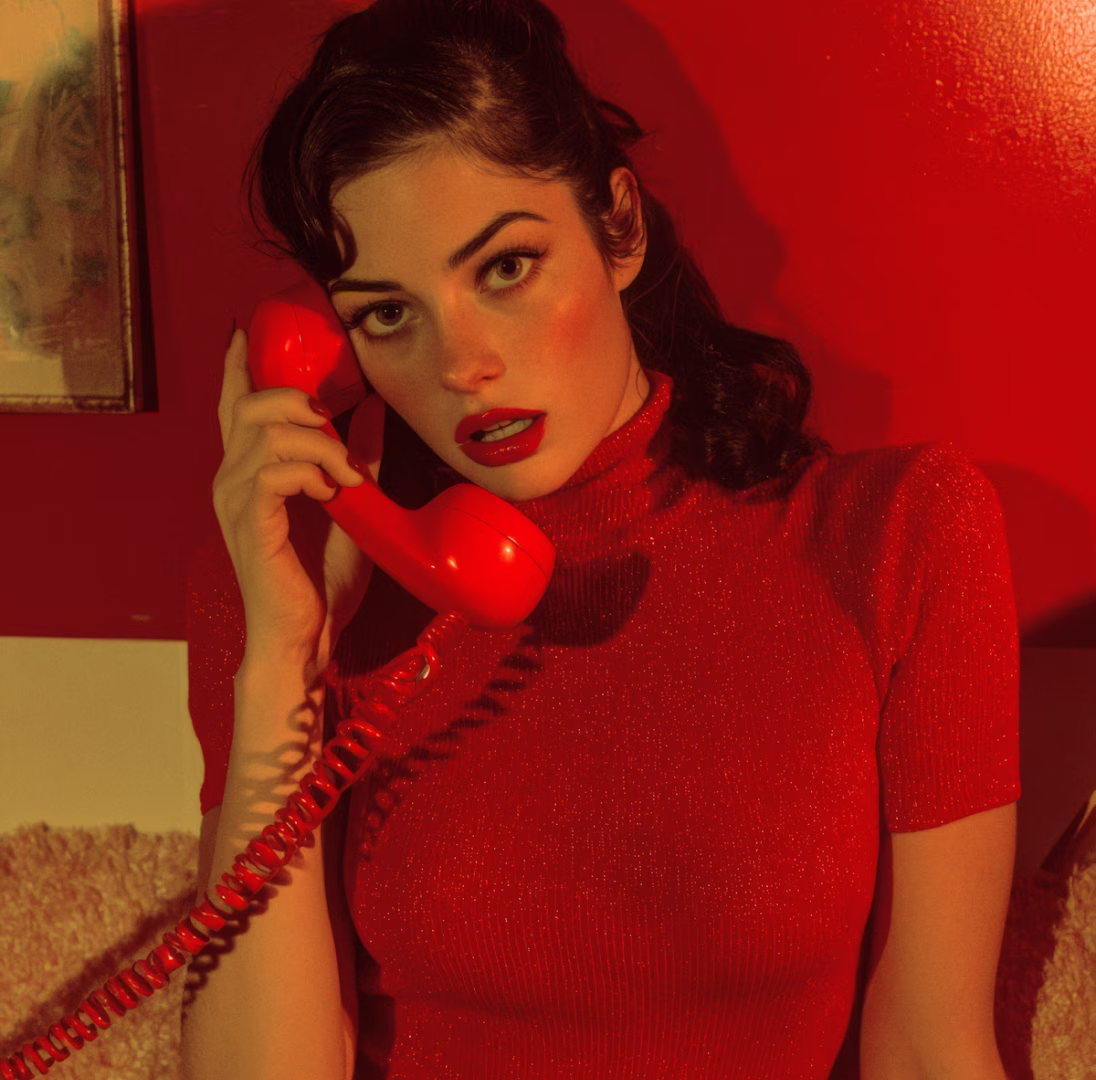 Woman with dark hair and red lipstick wearing a sparkly red top holding a red telephone receiver to her ear against a red wall.