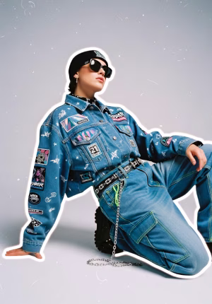 Fashionable person in denim outfit with patches, sunglasses, and beanie kneeling against gray background.