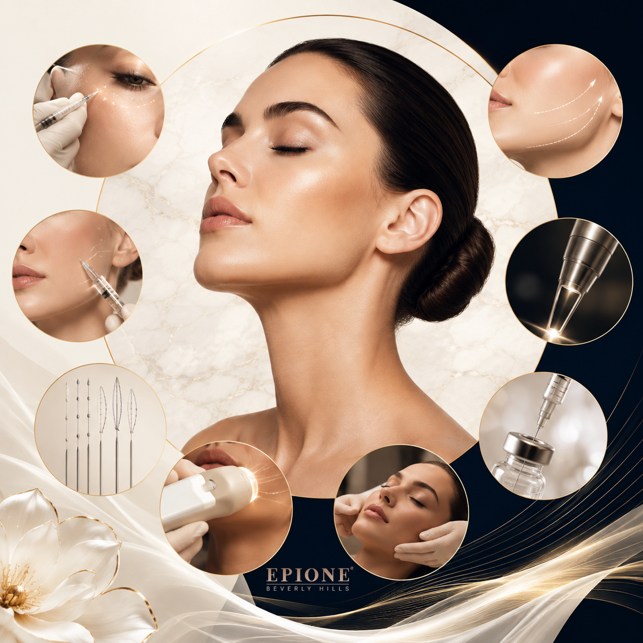 Graphic showing cosmetic facial treatments surrounding a woman for non surgical face lift rejuvenation