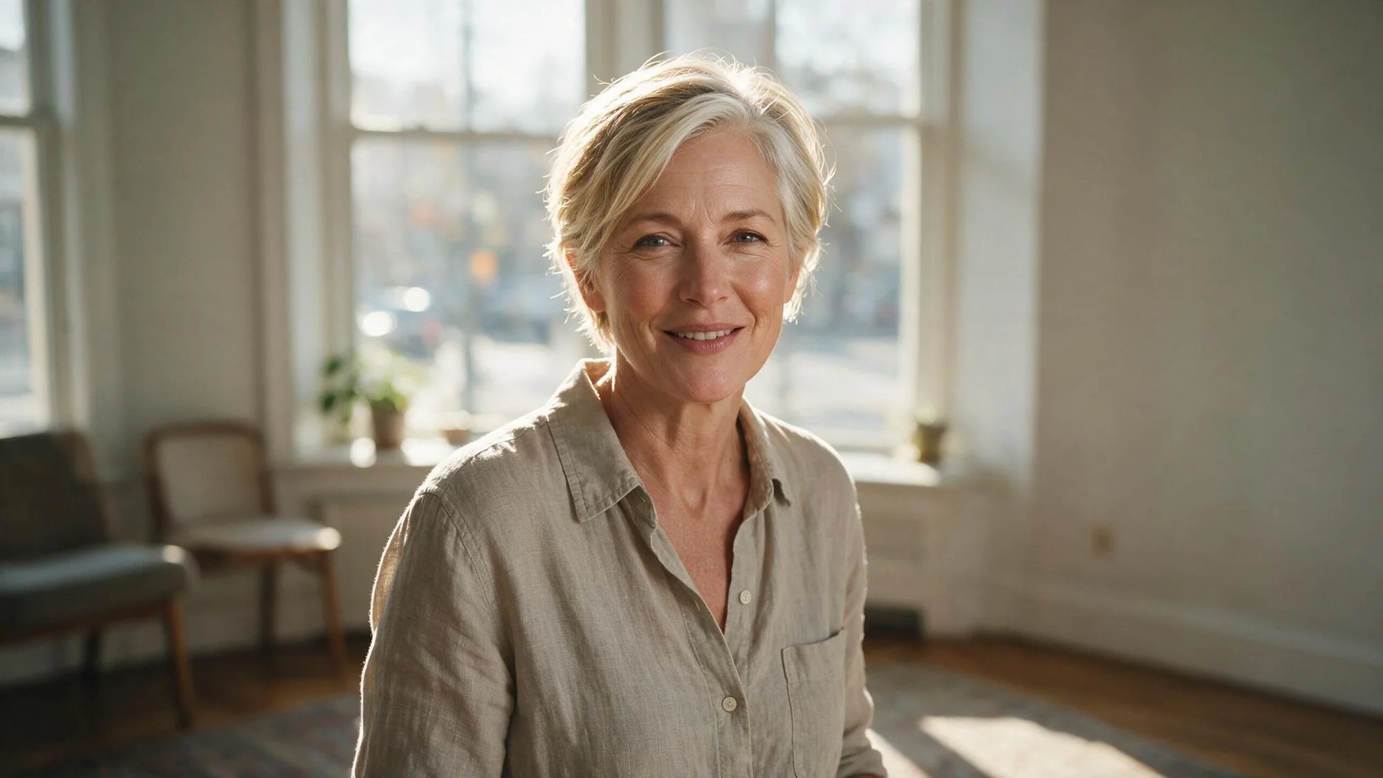 Photo of smiling woman sitting in a sunlit room