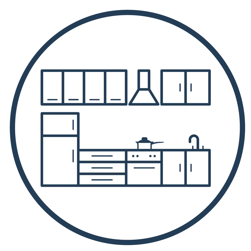 Icône linéaire d’une cuisine avec réfrigérateur, armoires, plaque de cuisson avec casserole, hotte et évier.