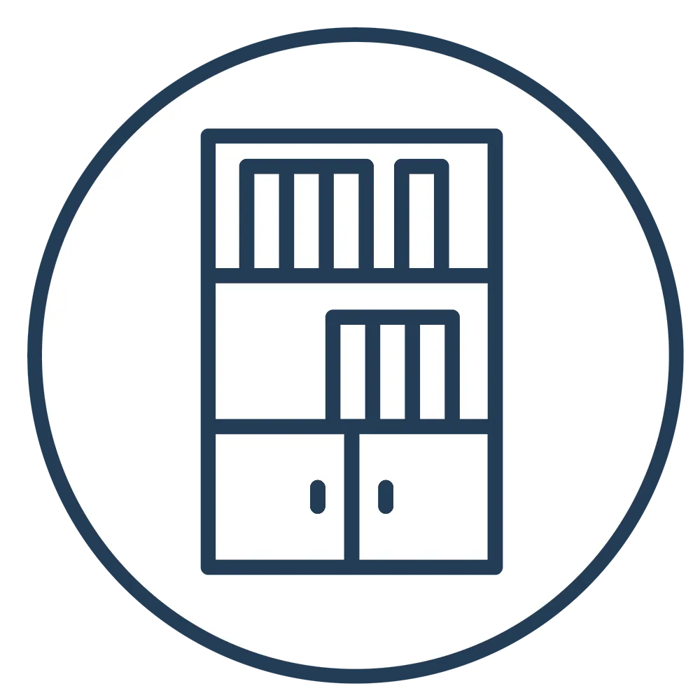 Icône d'une bibliothèque avec livres sur deux étagères et compartiments fermés en bas.