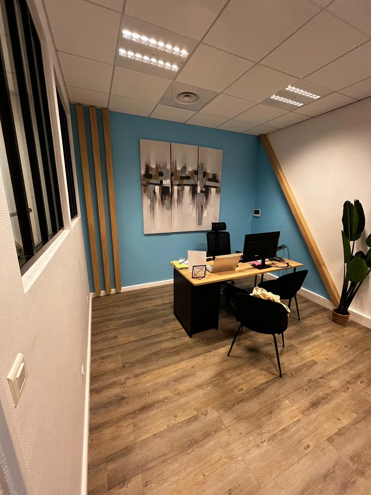 Bureau moderne avec un mur bleu, un bureau en bois avec ordinateur portable et écran, deux chaises noires et une plante en pot.