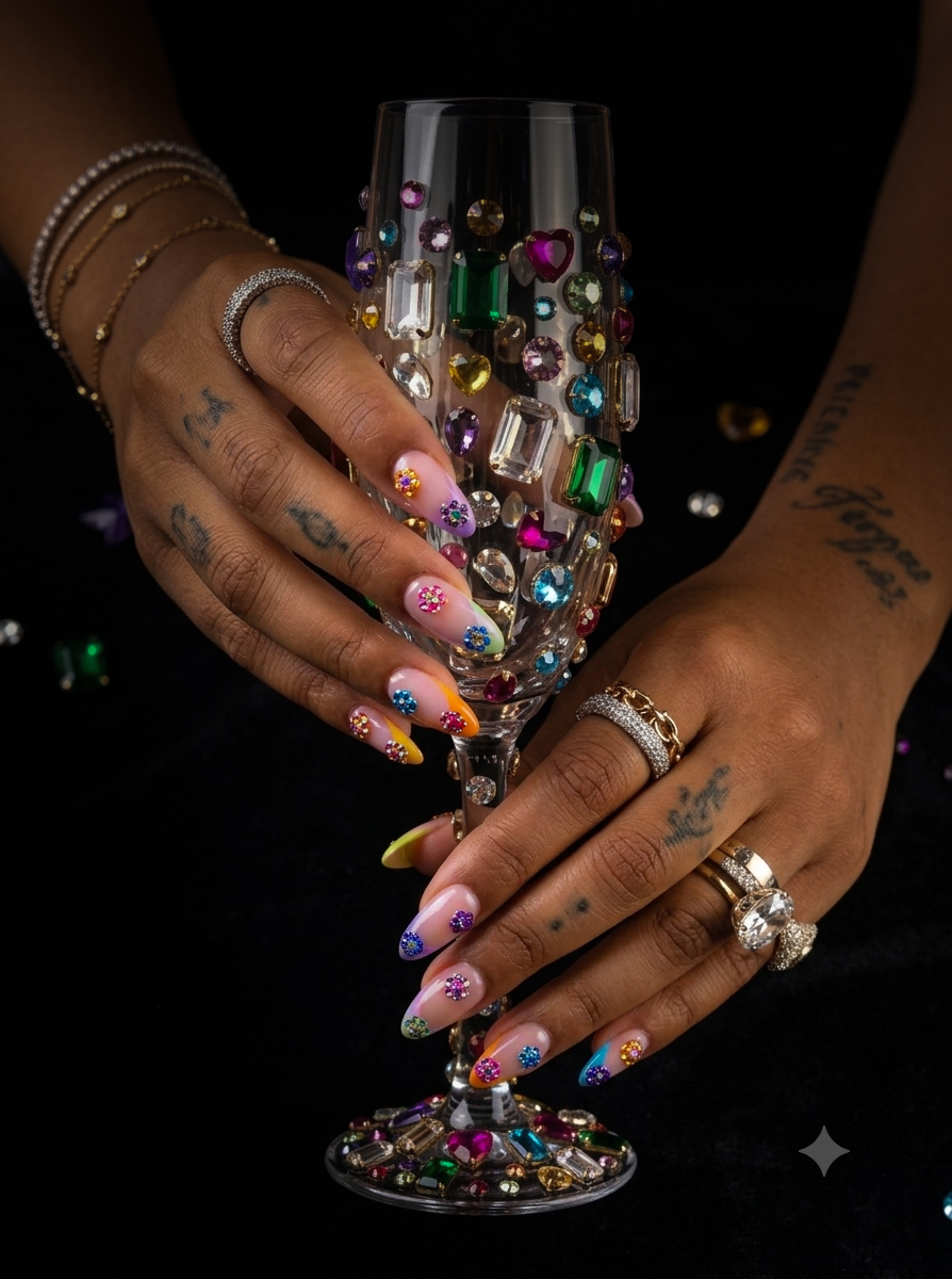 Whimsy maxxing nail art in Dubai by March14 nail art salon, rhinestone French tips with a champagne glass