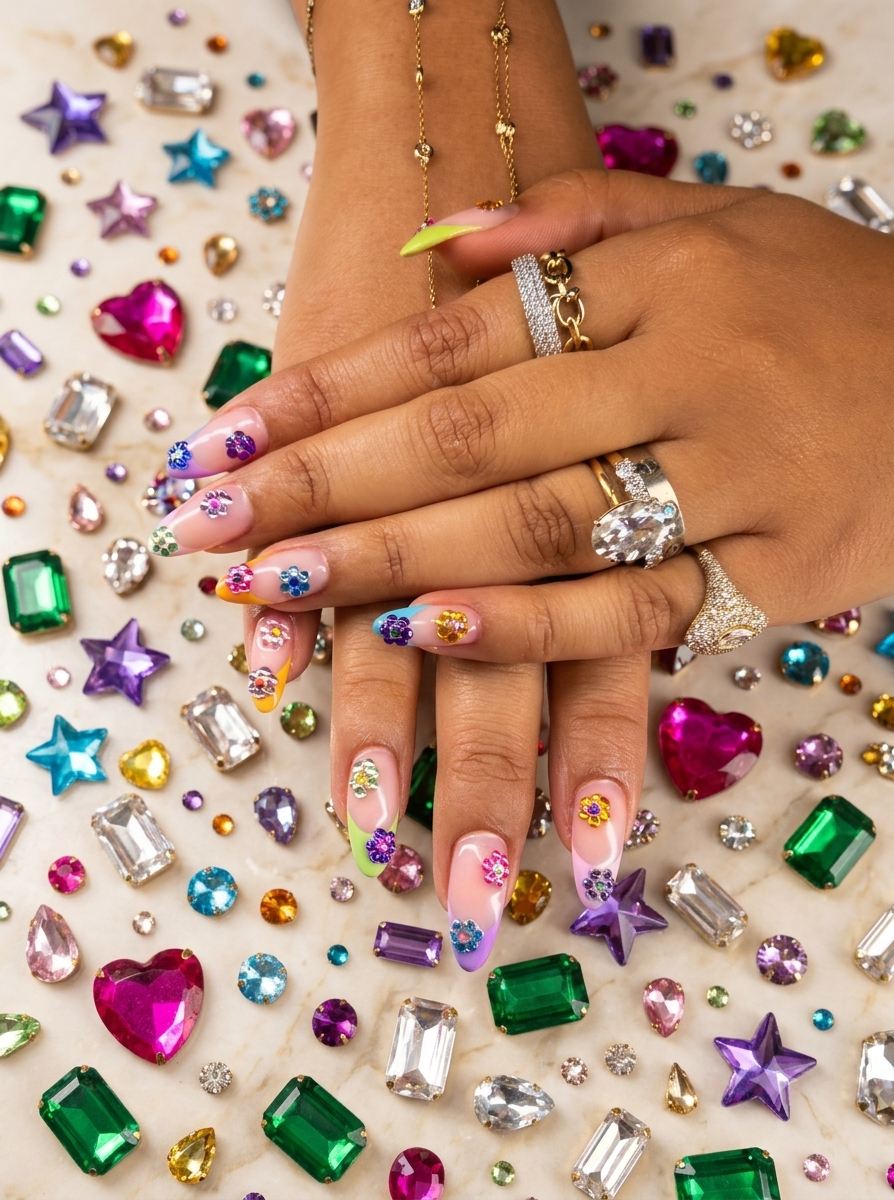 Hand painted floral whimsy maxxing nail art by March14 Dubai beauty salon