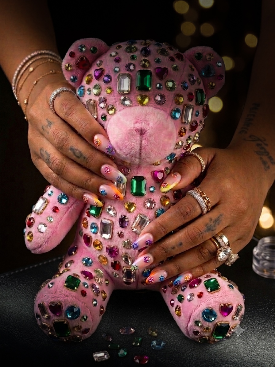 Whimsy maxxing crystal teddy bear nail art design by March14 Dubai nail art salon