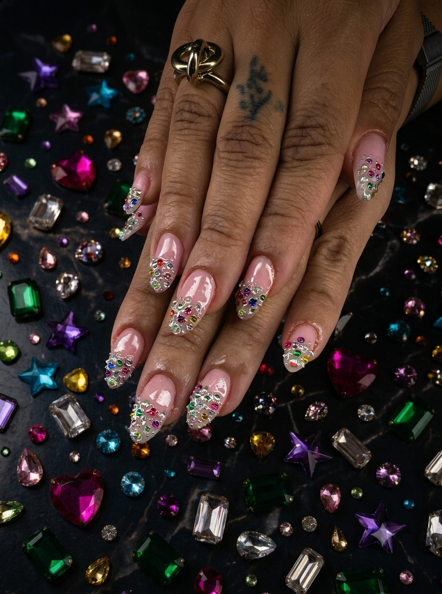 Whimsy maxxing rhinestone nail art design at March14 Nails Theatre Dubai