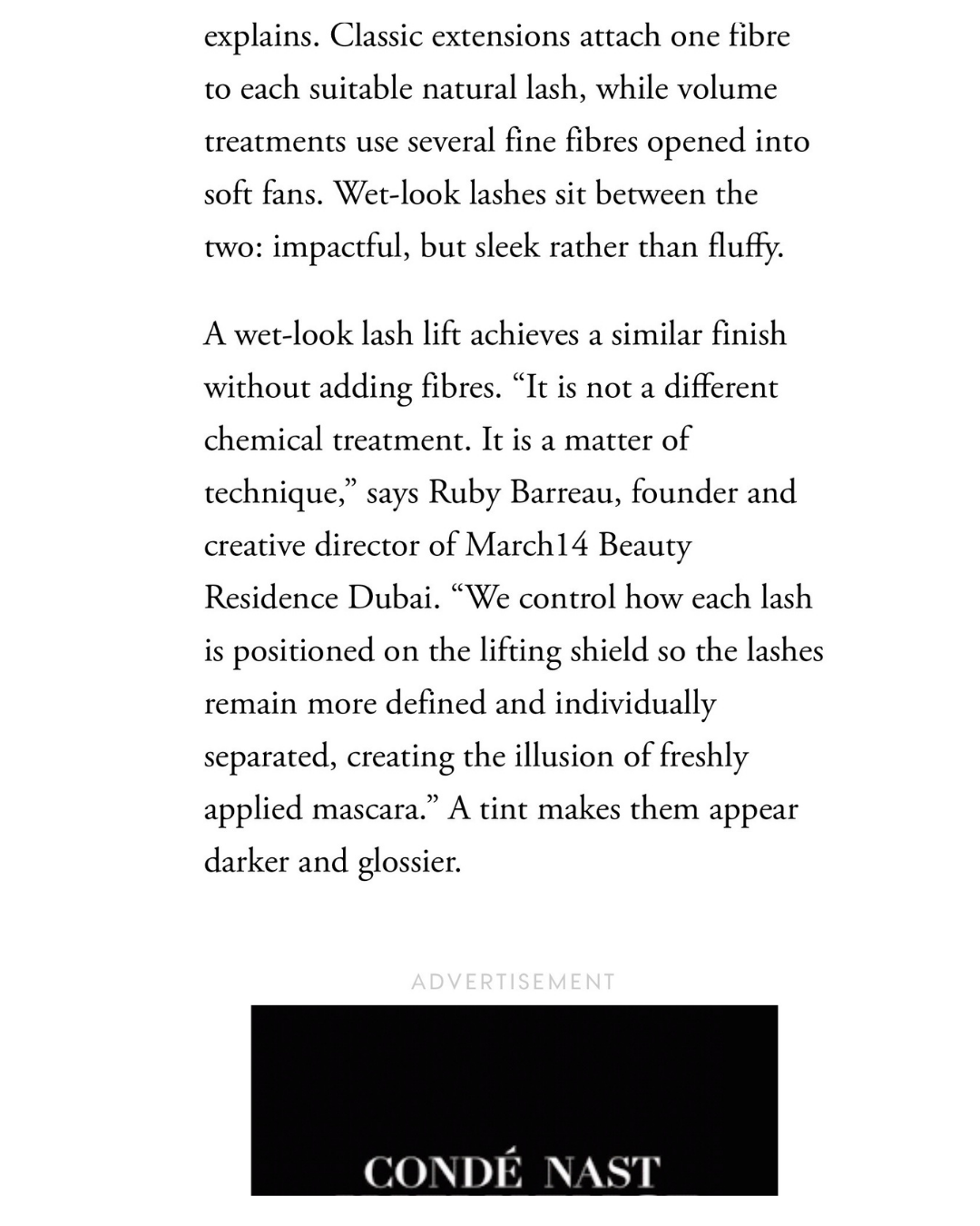 Ruby Barreau, founder of March14 Beauty Residence Dubai, quoted in Vogue Arabia on the wet look lash lift technique