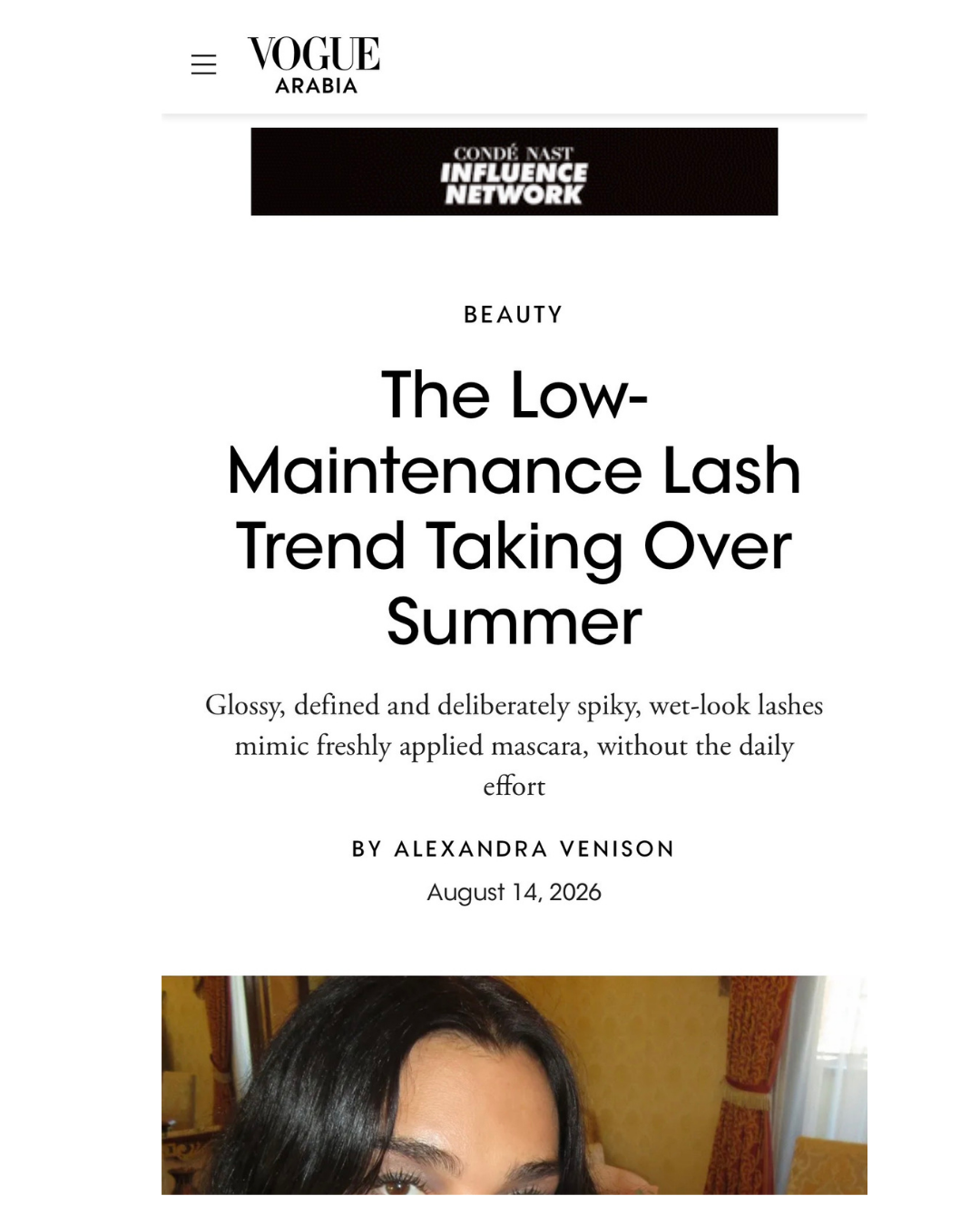 Vogue Arabia article, The Low Maintenance Lash Trend Taking Over Summer, August 2026