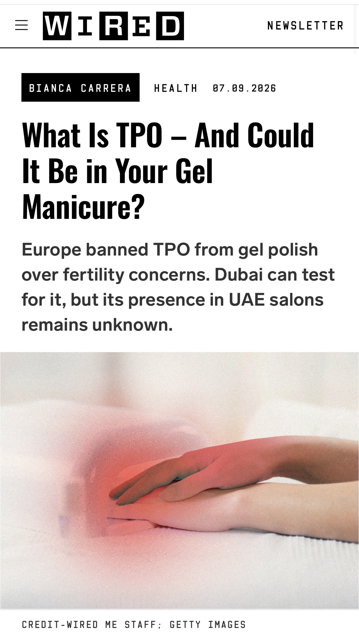 WIRED Middle East article on TPO in gel manicures, featuring March14 Beauty Residence Dubai
