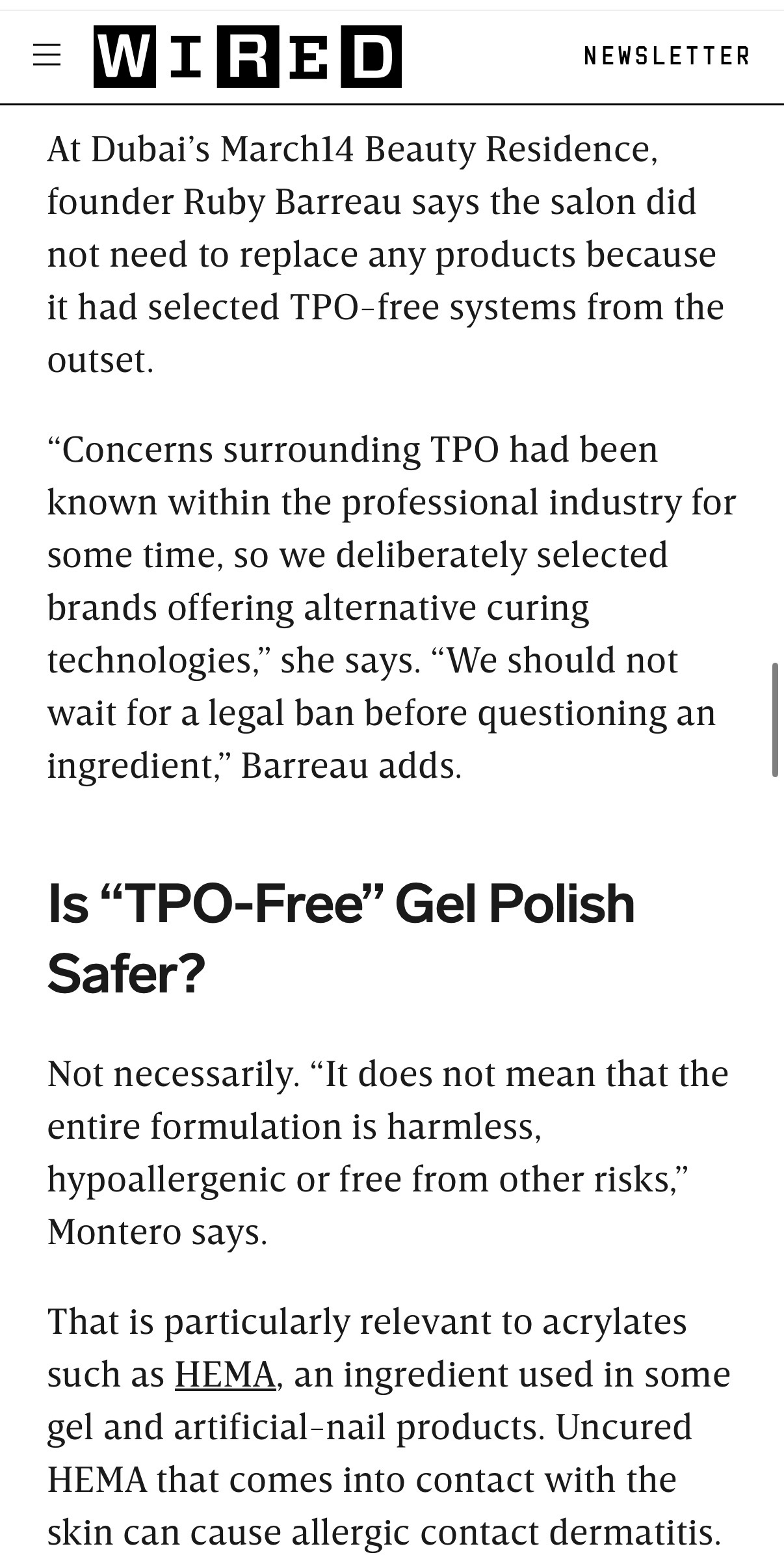 Ruby Barreau, founder of March14 Beauty Residence Dubai, quoted in WIRED Middle East on TPO free gel systems