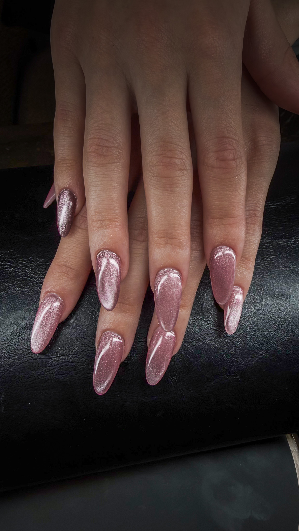 Cat eye gel polish manicure in Dubai, magnetic pink finish, March14 Beauty Residence