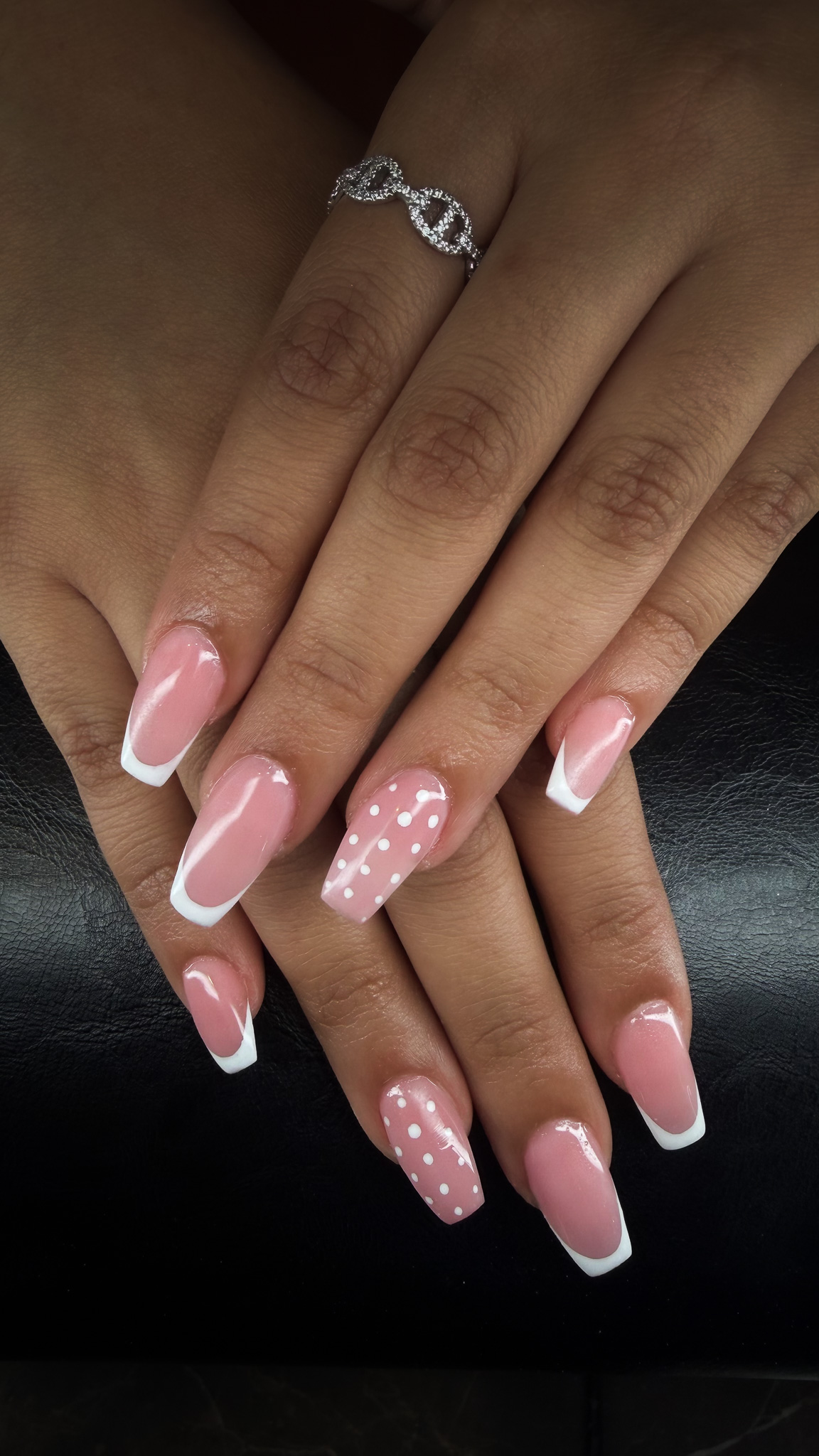 French gel manicure with polka dot accent nails, Dubai beauty salon March14