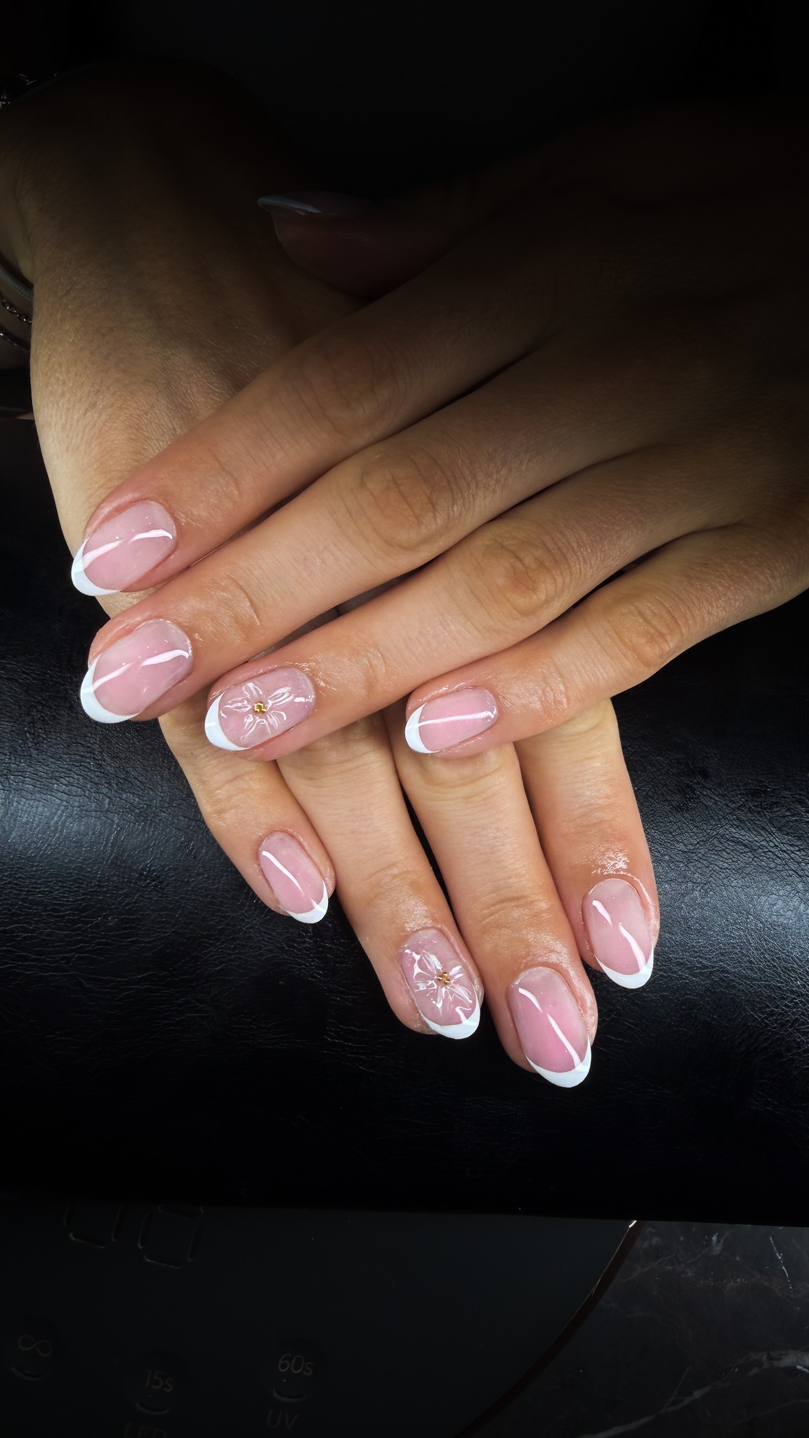 Short French manicure with a 3D flower accent nail, gel polish manicure Dubai March14