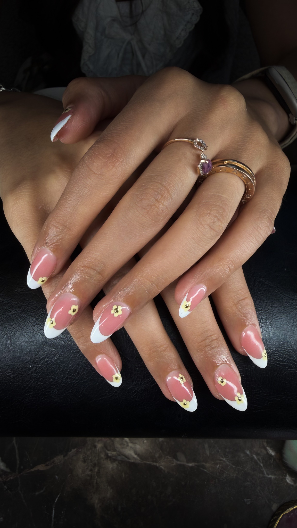 French gel manicure with yellow flower charms and gold studs, nail art Dubai March14