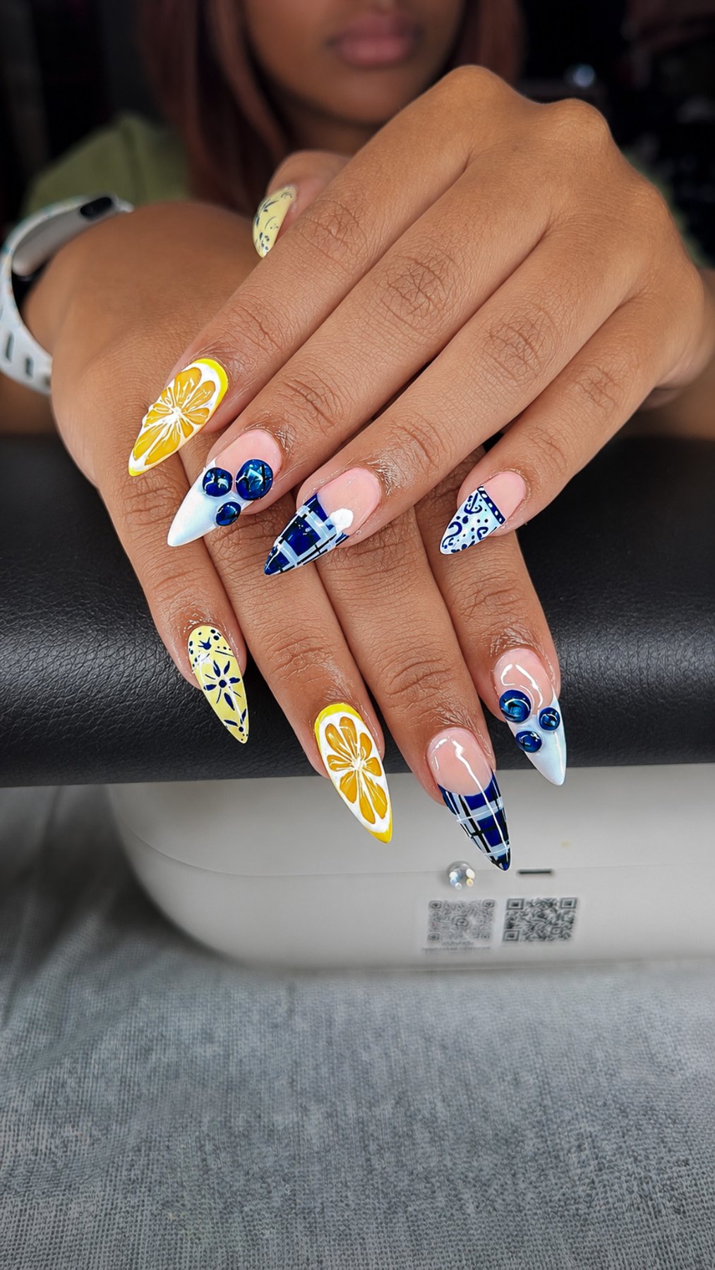 Lemon slice and blue tile nail art with 3D blueberries and gingham, Dubai nail art March14