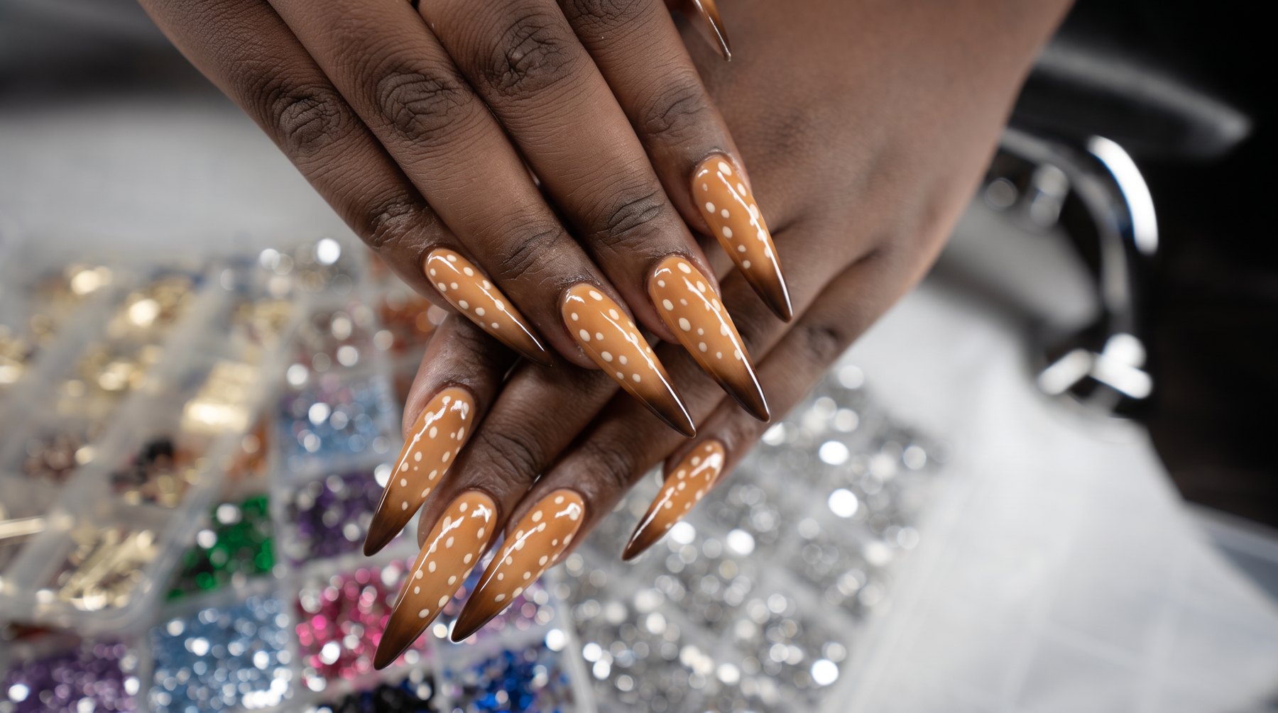 Bambi nail art in Dubai, fawn print stiletto nails in caramel and chocolate with white spots at March14 Beauty Residence