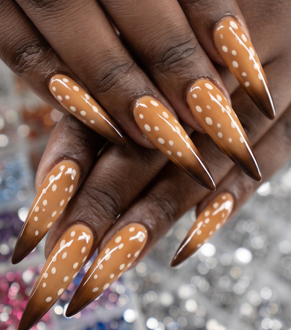 Bambi nail art in Dubai, caramel stiletto nails with chocolate ombré tips and white fawn spots at March14 Beauty Residence