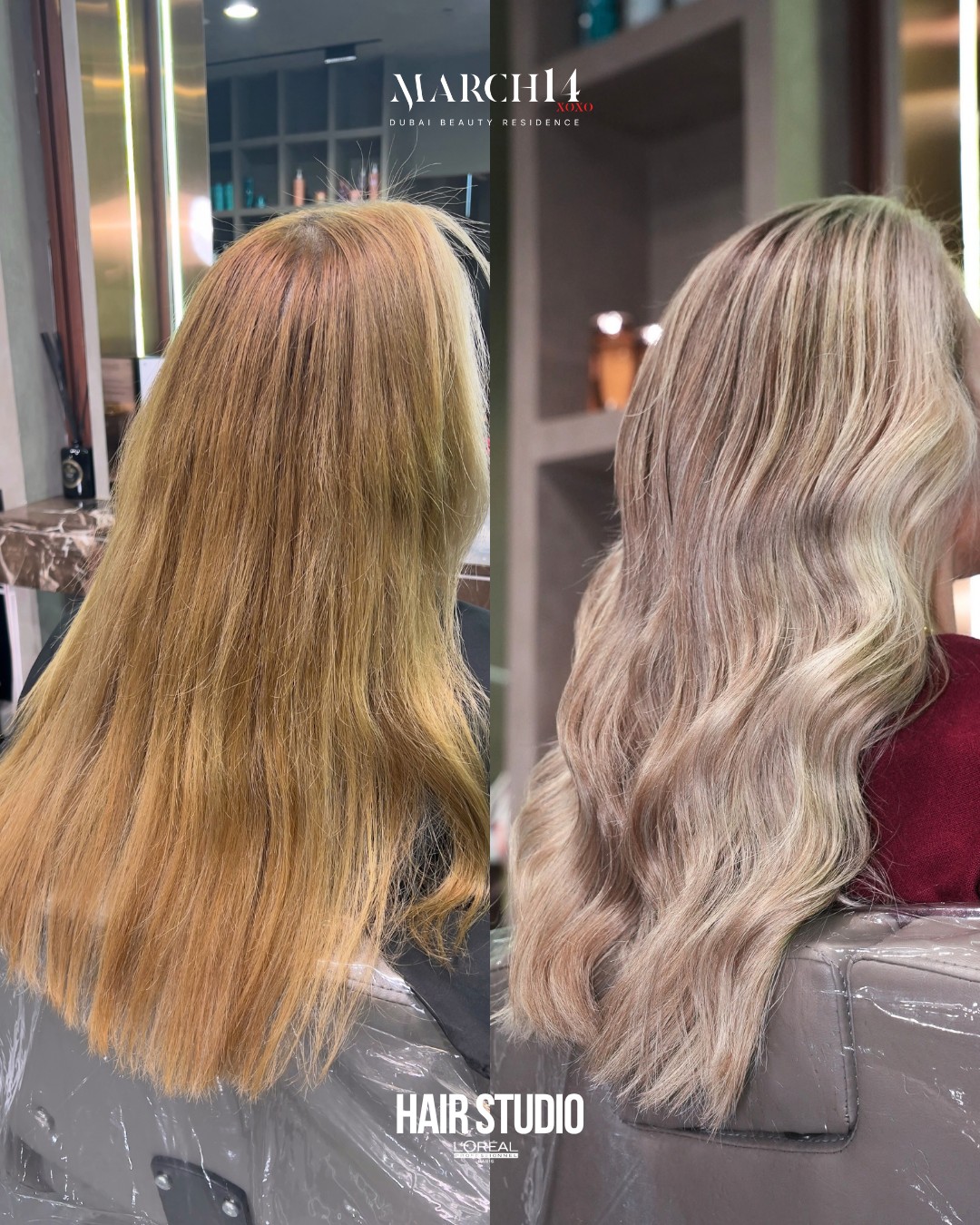 Before and after natural blonde highlights in Dubai, warm golden hair on the left and soft beige blonde waves on the right, March14 Hair Studio