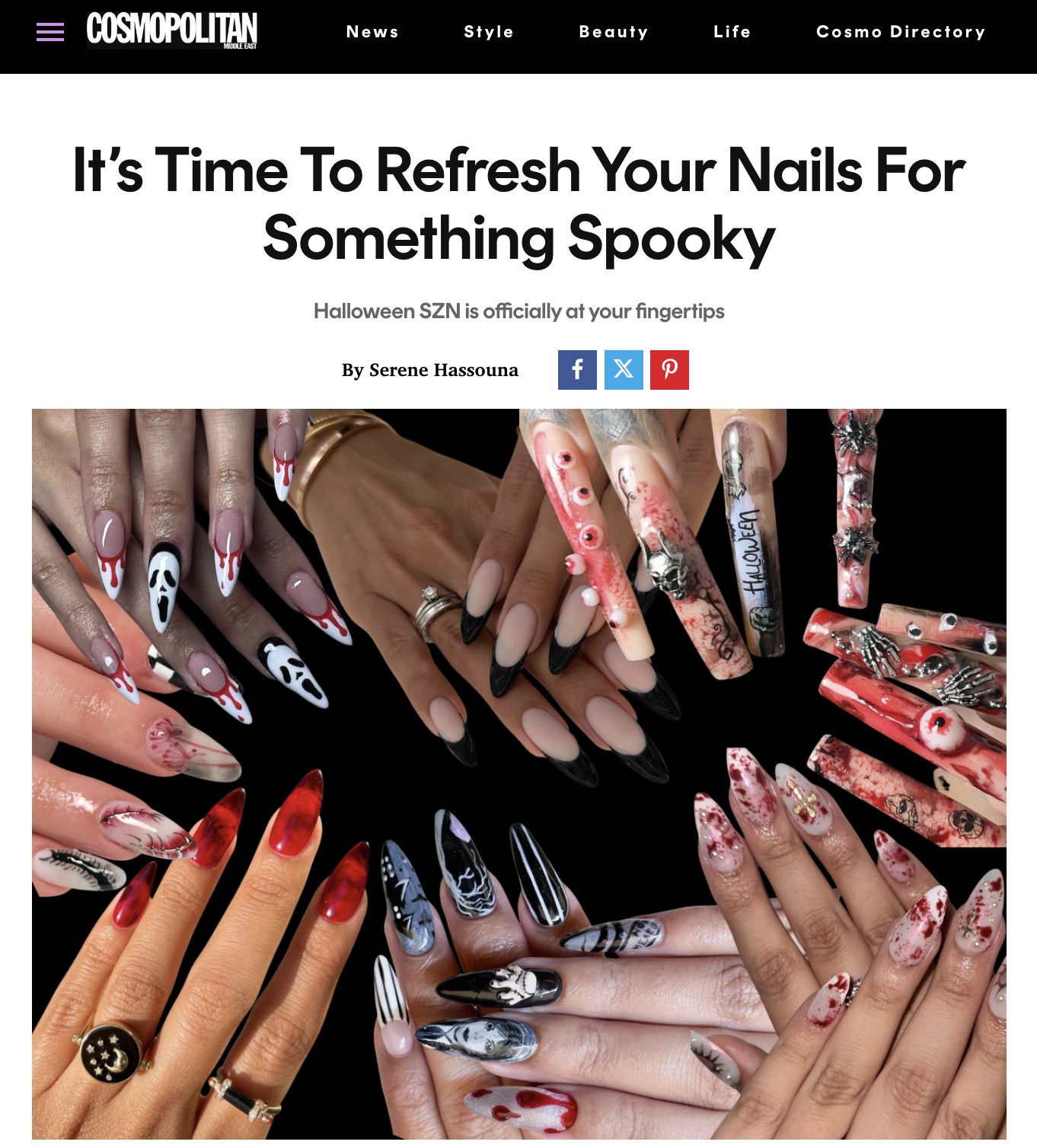 Cosmopolitan Middle East Halloween nails 2026 article including March14 Beauty Residence Dubai