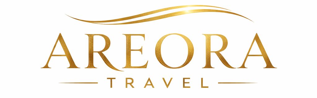 AREORA TRAVEL text logo with a decorative gold wave above and horizontal lines beside the word TRAVEL.