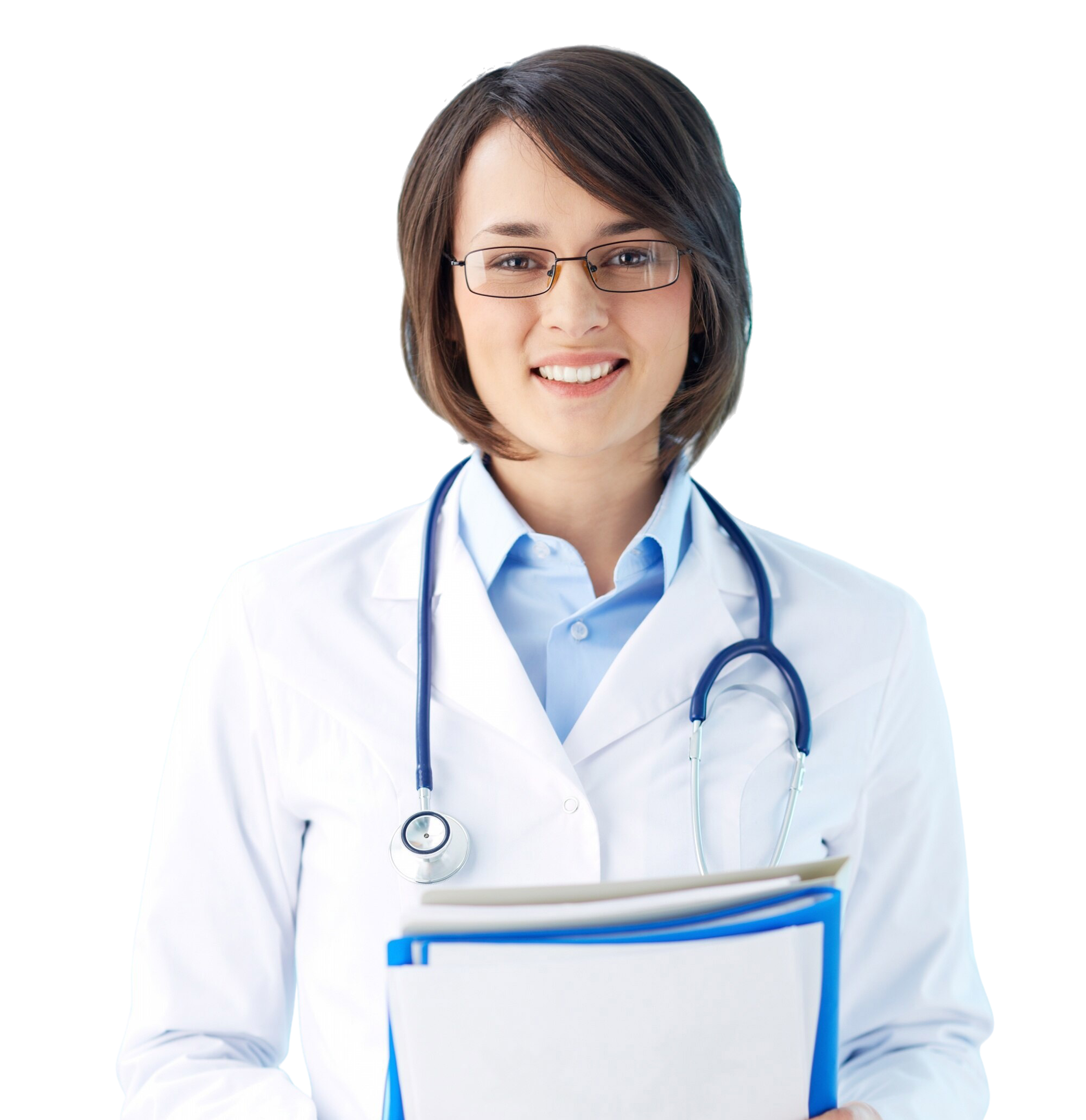 Confident female doctor with long dark hair wearing a white coat and blue stethoscope, arms crossed.