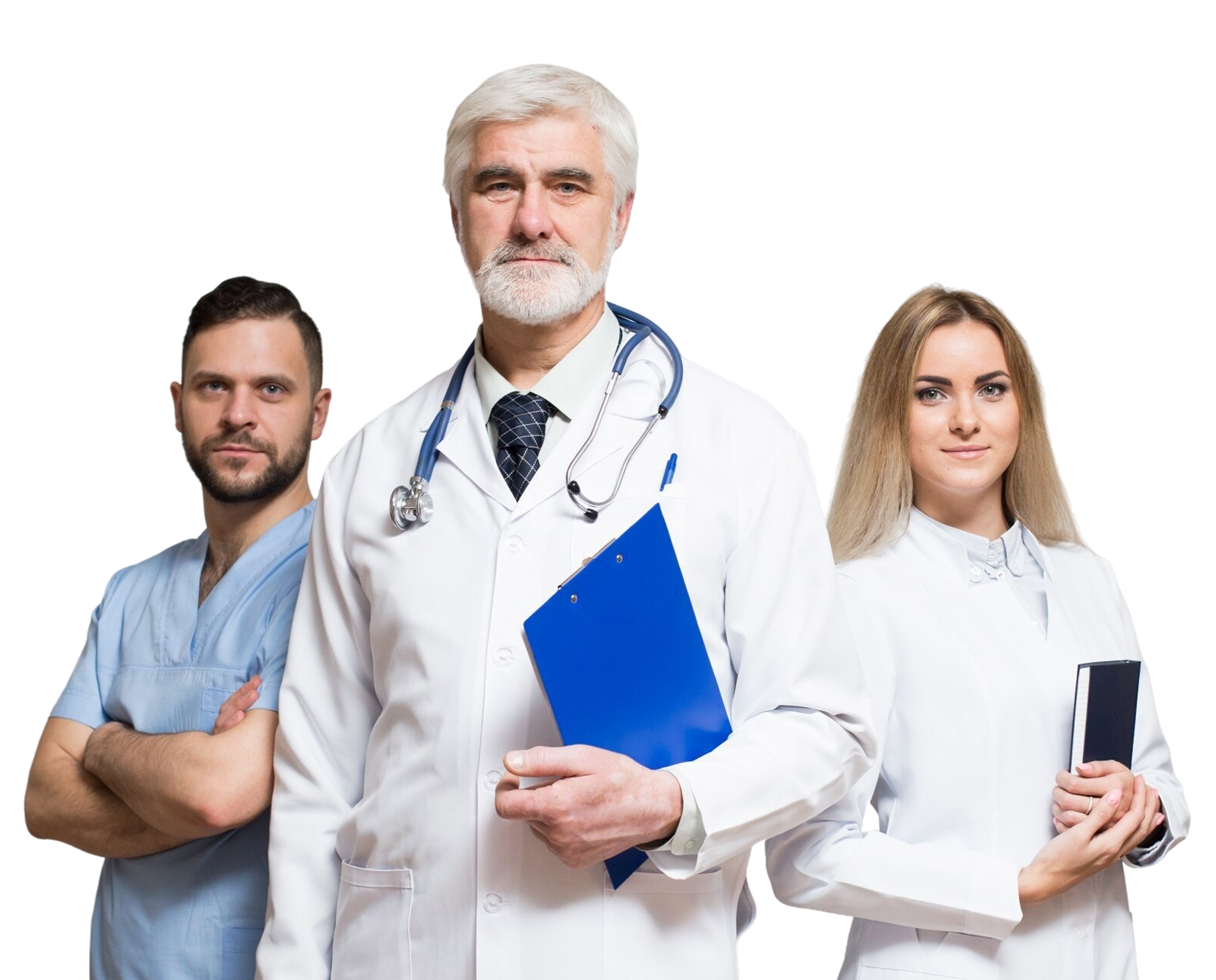 Group of five smiling doctors in white lab coats and stethoscopes standing with arms crossed.