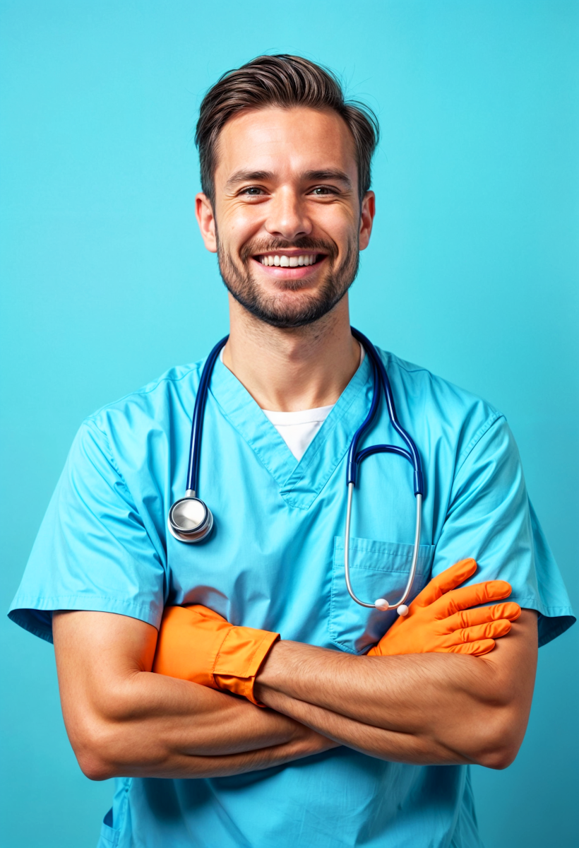 Smiling female doctor wearing a white coat and stethoscope.