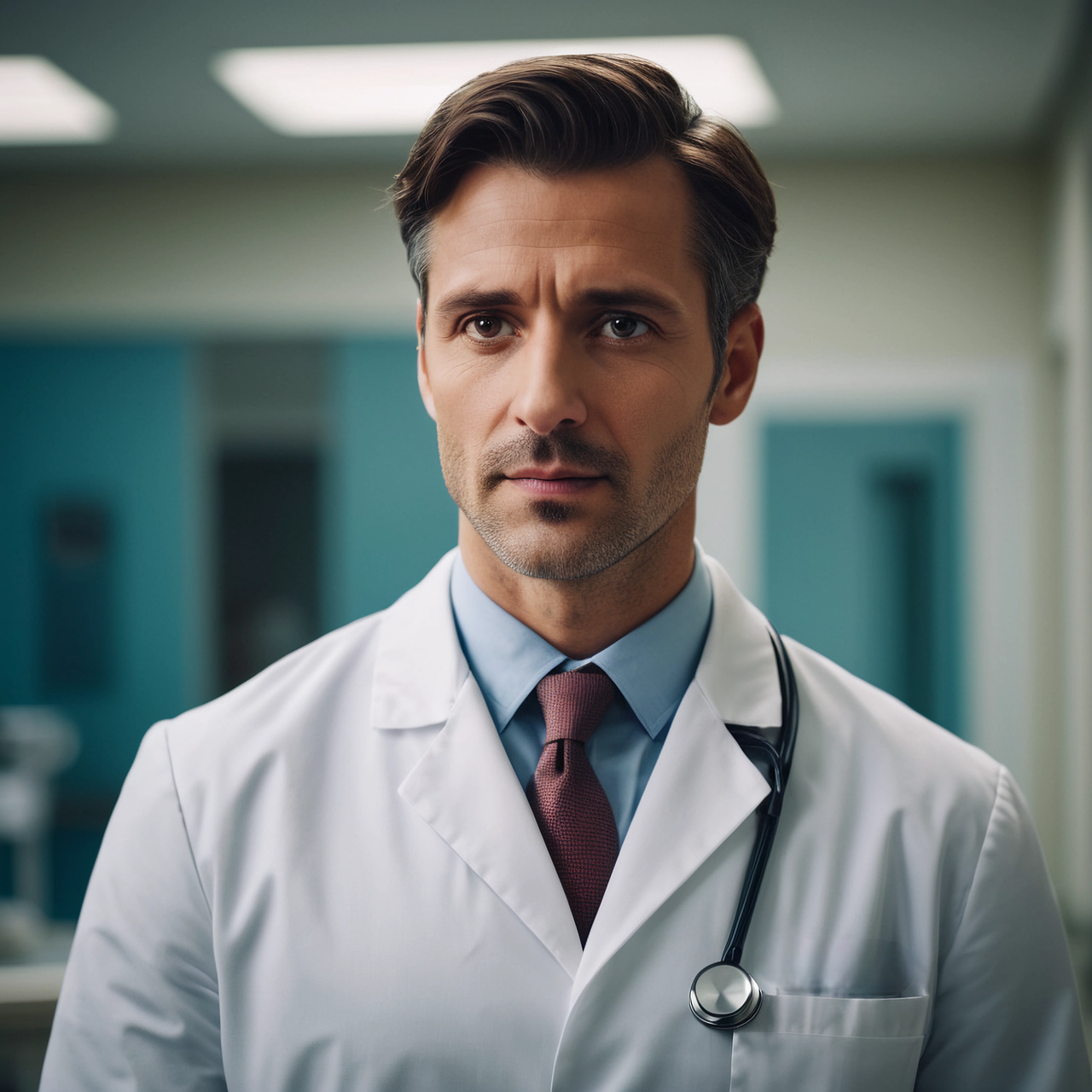 Confident male doctor wearing a white lab coat and stethoscope with a checkered shirt and tie.