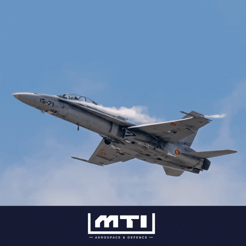 A high-performance fighter jet in motion, representing the aerospace and defense landscape of MTI.