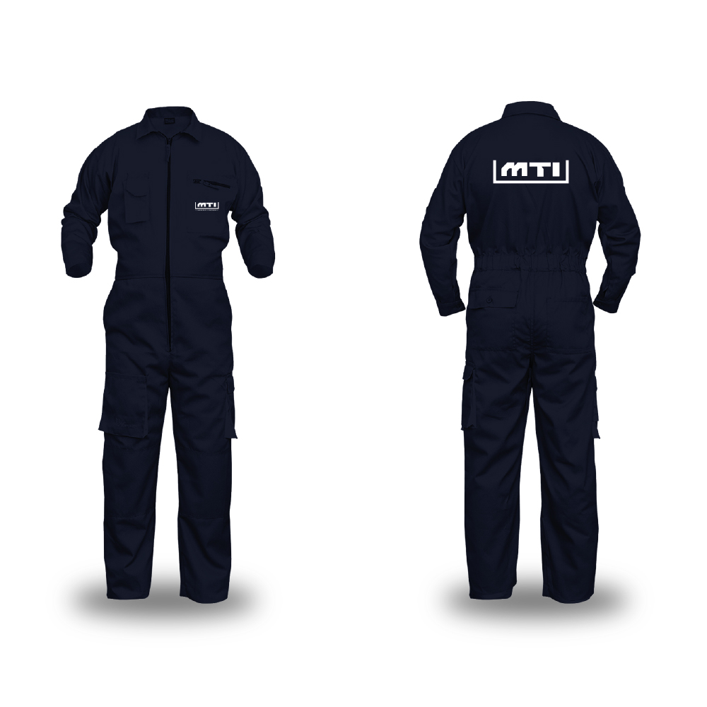 MTI Aerospace & Defence professional industrial jumpsuit featuring the technical brand identity.